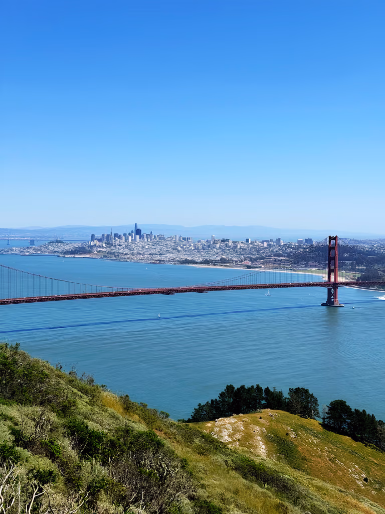 View from the Marin Headlands across the Golden Gate Bridge toward downtown San Francisco on a clear day.